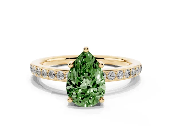 Fancy Green Pear Cut Cut Diamond Pavé Band Ring with Four-Prong Setting Yellow gold