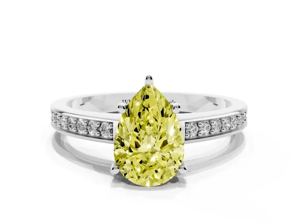 Fancy Yellow Pear Cut Solitaire Pavé Band Prong Setting Ring Platinum