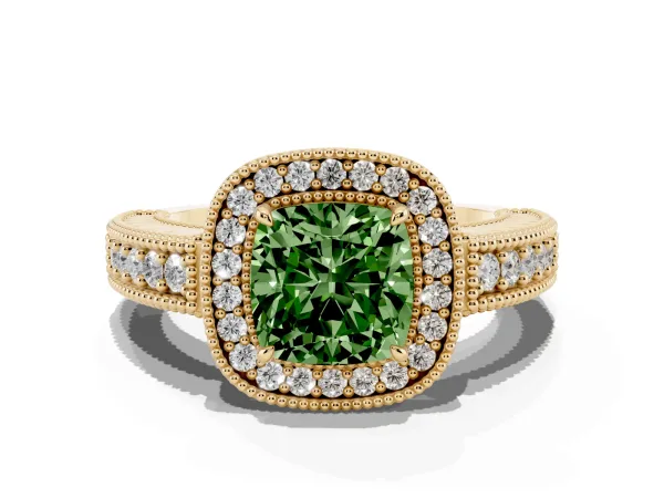 Fancy Green Cushion Cut Cut Halo Diamond Ring with Pavé Band and Four-Prong Setting Yellow gold