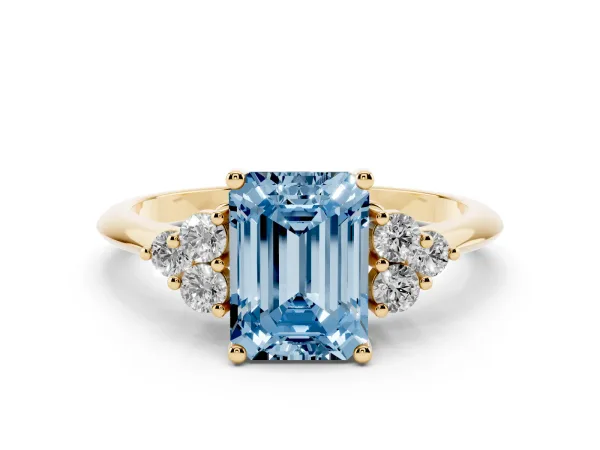 Fancy Blue Emerald Cut Cut Diamond Cluster Ring with Solitaire Band and Four-Prong Setting Yellow gold