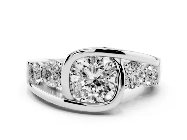 Bezel Set Cushion Cut Diamond Bypass Ring with Round Accents Platinum