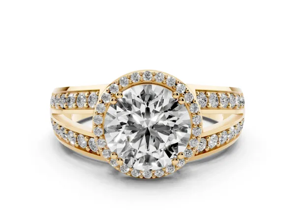Round Cut Diamond Halo Ring with Split Shank Pavé Band and Four-Prong Setting Yellow gold