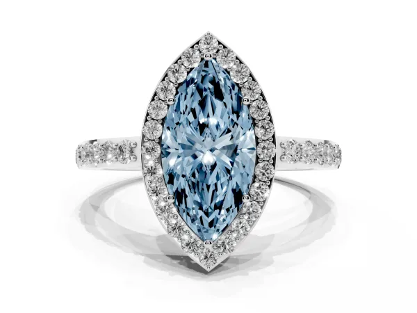 Fancy Blue Marquise Cut Halo Diamond Pavé Band Ring with Prong Setting Platinum