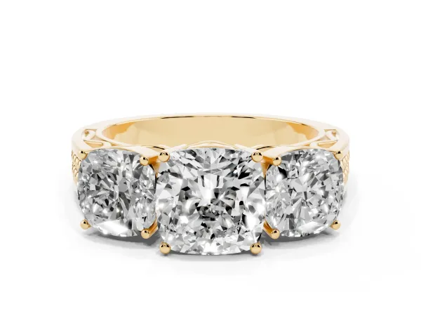 Cushion Cut Diamond Three-Stone Ring with Prong Setting and Textured Band Yellow gold