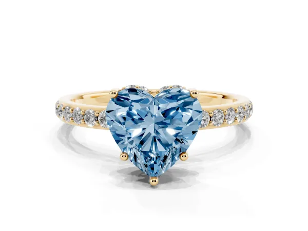 Fancy Blue Heart Cut Diamond Solitaire Ring with Pavé Band and Hidden Halo Yellow gold