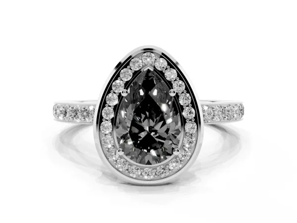 Fancy Black Pear Cut Diamond Halo Ring with Bezel Frame and Pavé Band White gold
