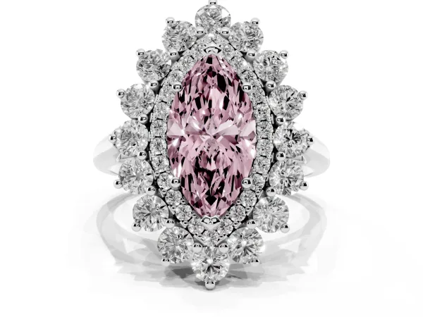 Fancy Pink Marquise Cut Diamond Floral Double Halo Engagement Ring with Prong Setting Platinum