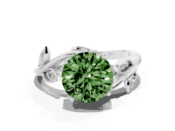 Fancy Green Round Cut Solitaire Twist Engagement Ring with Leaf Accents and Prong Setting Platinum