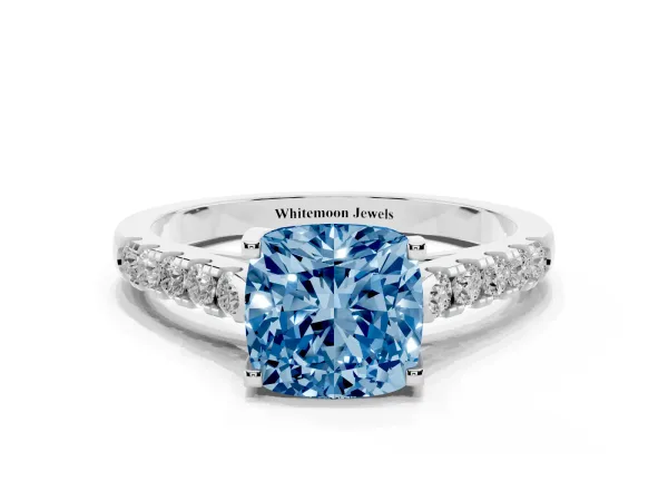 Fancy Blue Cushion Cut Diamond Pavé Band Solitaire Ring with Prong Setting White gold