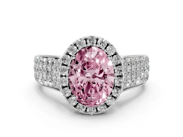 Fancy Pink Oval Cut Halo Round Diamond Pave Band with Prong Setting Platinum