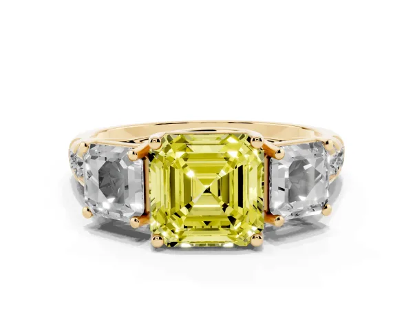Fancy Yellow Three-Stone Asscher Cut Diamond Pavé Band with Prong Setting Yellow gold
