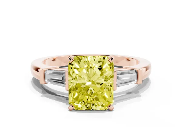 Fancy Yellow Radiant Cut Cut Diamond Solitaire Ring with Tapered Baguette Accents and Four-Prong Setting Rose gold