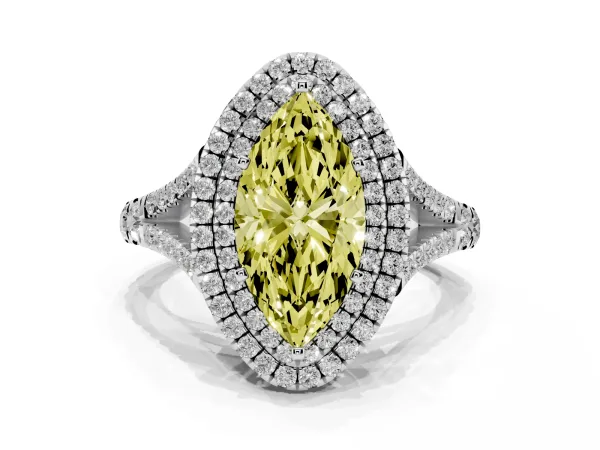 Fancy Yellow Marquise Cut Cut Double Halo Split Shank Diamond Ring with Prong Setting White gold