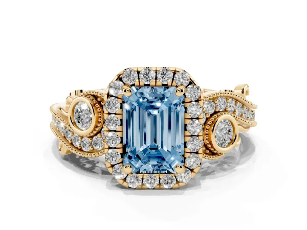 Fancy Blue Emerald Cut Diamond Halo Ring with Milgrain Pavé Band and Four-Prong Setting Yellow gold