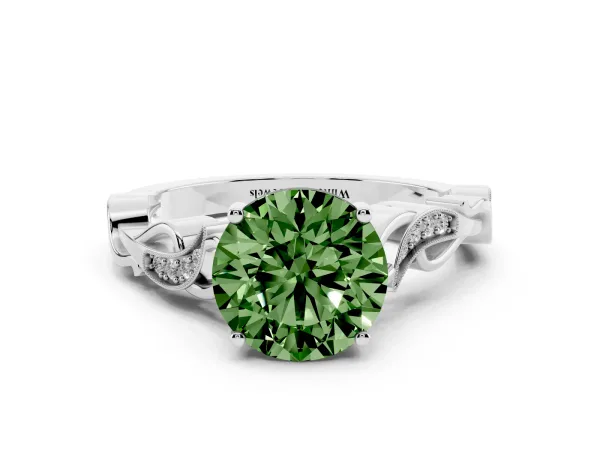 Fancy Green Round Cut Solitaire Vine Band with Milgrain Prong Setting White gold