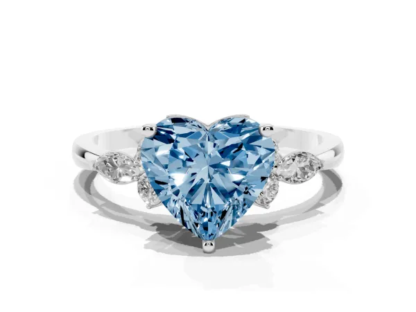 Fancy Blue Heart Cut Brilliant Diamond Solitaire Ring with Pear Side Stones and Four-Prong Setting White gold