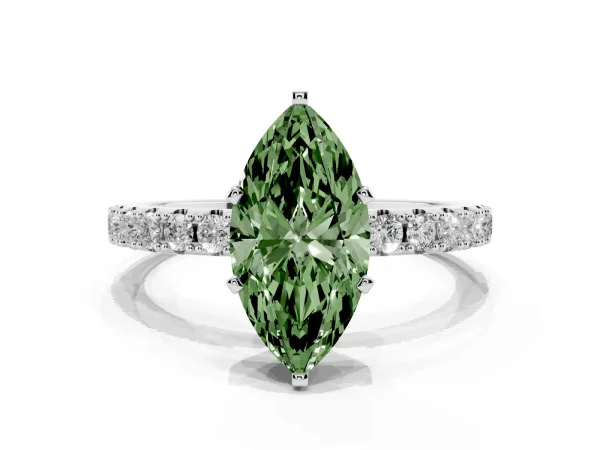 Fancy Green Marquise Cut Diamond Solitaire Pavé Band with Four-Prong Setting White gold