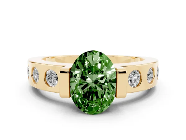 Fancy Green Oval Cut Brilliant Channel-Set Diamond Ring with Bezel Prong Setting Yellow gold