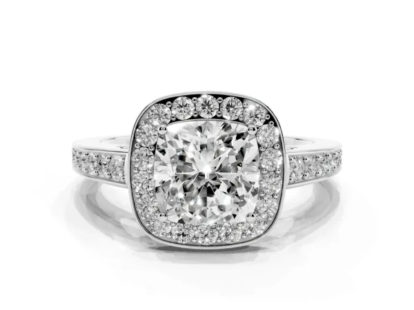 Cushion Cut Halo Pavé Diamond Engagement Ring with Bezel Setting White gold