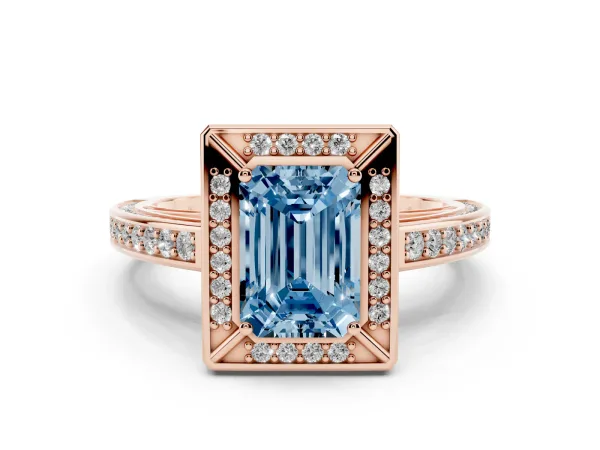 Fancy Blue Emerald Cut Cut Halo Pave Split Shank Prong Setting Ring Rose gold