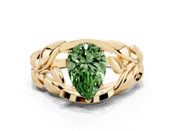 Fancy Green Pear Cut Diamond Leaf-Inspired Engagement Ring with Round Accents and Prong Setting Yellow gold