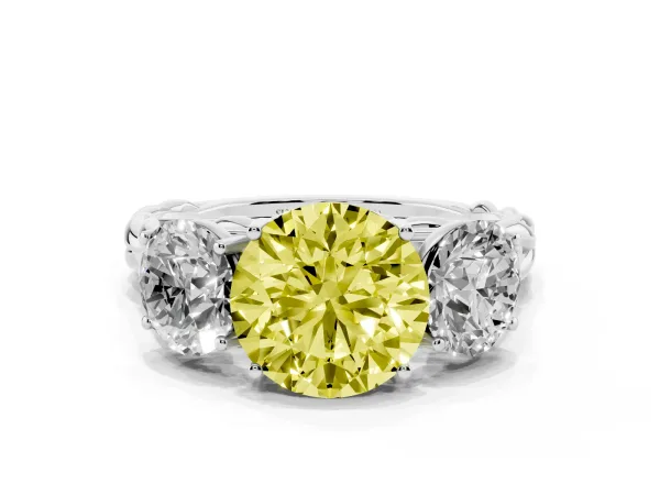 Fancy Yellow Three-Stone Round Cut Diamond Braided Band Ring with Four-Prong Setting Platinum