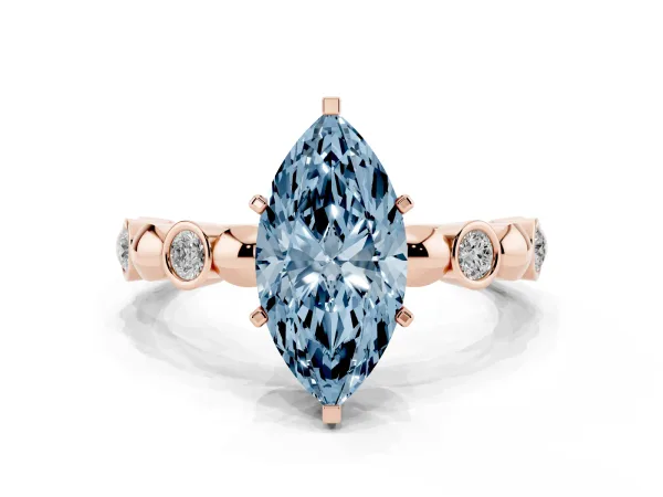 Fancy Blue Marquise Cut Solitaire Bezel-Set Diamond Ring with Beaded Band and Four-Prong Setting Rose gold