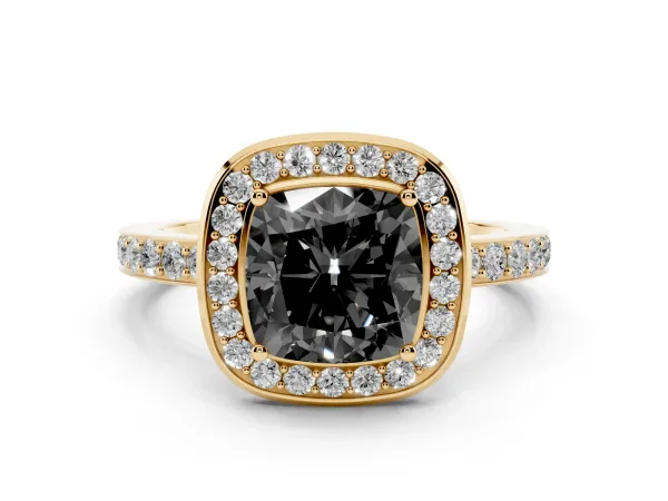 Fancy Black Cushion Cut Diamond Halo Ring with Bezel Frame and Pavé Band Yellow gold