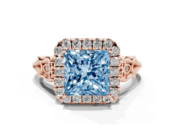 Fancy Blue Princess Cut Halo Diamond Engagement Ring with Filigree Band and Four-Prong Setting Rose gold