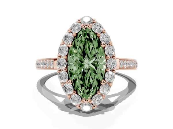 Fancy Green Marquise Cut Diamond Floral Halo Ring with Pavé Band and Prong Setting Rose gold