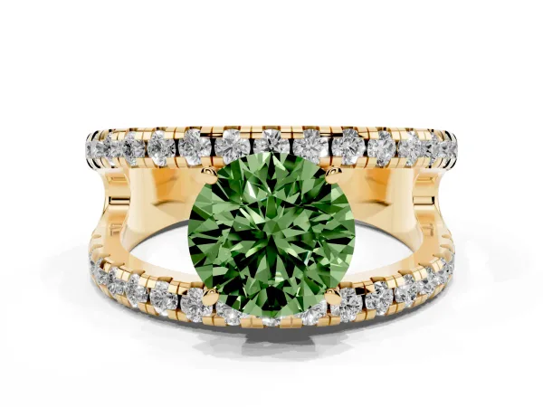 Fancy Green Round Cut Solitaire Split Shank Pave Diamond Ring Yellow gold