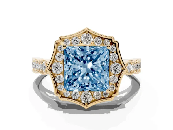 Fancy Blue Princess Cut Halo Diamond Engagement Ring with Milgrain Band and Four-Prong Setting Yellow gold