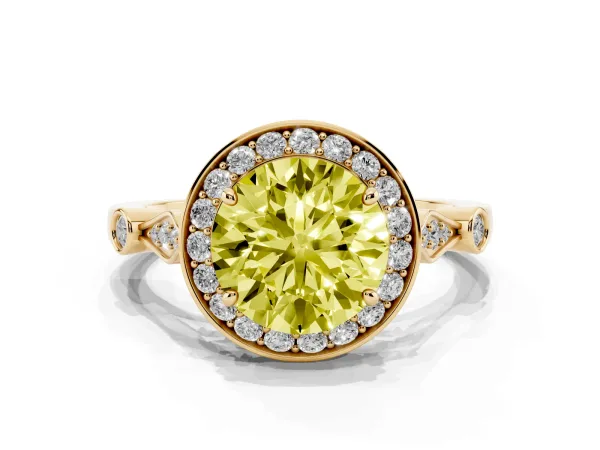 Fancy Yellow Round Cut Halo Diamond Engagement Ring with Twisted Band and Four-Prong Setting Yellow gold
