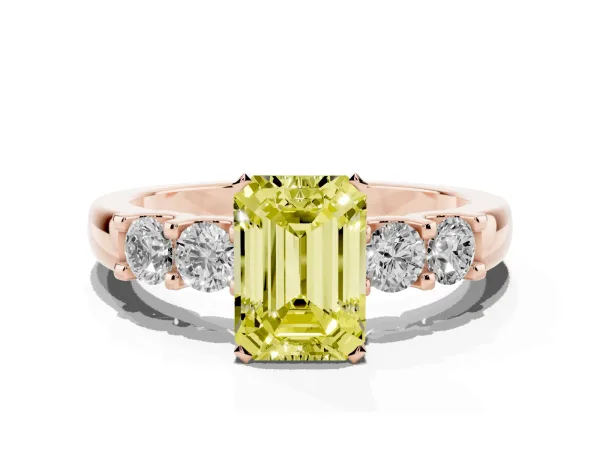 Fancy Yellow Emerald Cut Brilliant Cut Diamond Five-Stone Prong Set Engagement Ring with Channel Band Rose gold
