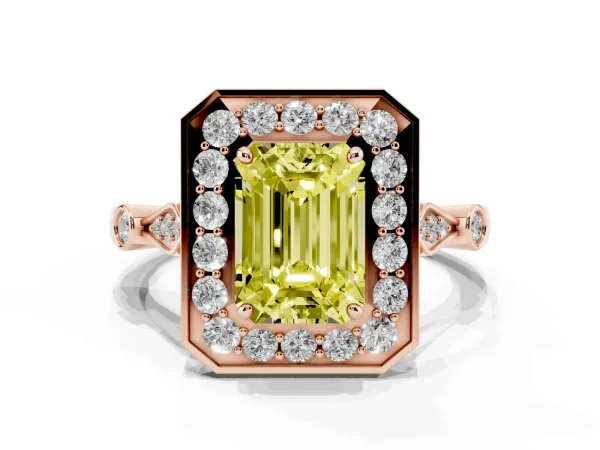 Fancy Yellow Emerald Cut Halo Diamond Engagement Ring with Twisted Band and Four-Prong Setting Rose gold
