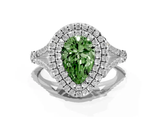 Fancy Green Pear Cut Cut Double Halo Split Shank Diamond Ring with Prong Setting White gold