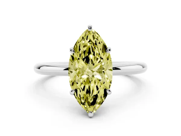 Fancy Yellow Marquise Cut Solitaire Diamond Ring with Four-Prong Setting on a Plain Band Platinum