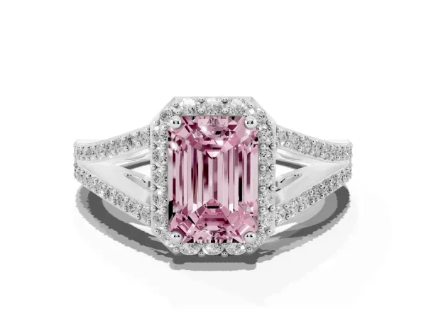Fancy Pink Emerald Cut Halo Split Shank Pave Diamond Ring with Four-Prong Setting White gold