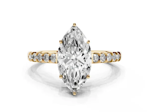 Marquise Cut Solitaire Diamond Engagement Ring with Pavé Band and Six-Prong Setting Yellow gold