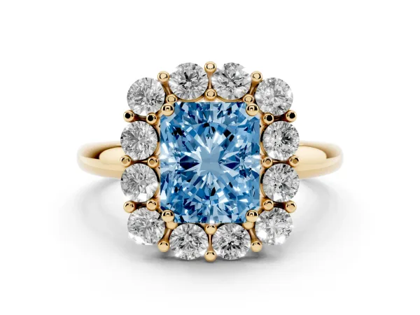 Fancy Blue Radiant Cut Halo Cluster Diamond Engagement Ring with Prong Setting and Polished Band Yellow gold