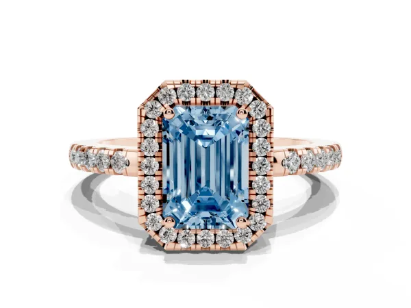 Fancy Blue Emerald Cut Halo Diamond Engagement Ring with Pavé Band and Four-Prong Setting Rose gold