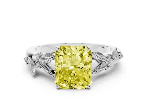 Fancy Yellow Radiant Cut Diamond Solitaire Ring with Leaf Motif Band and Four-Prong Setting Platinum