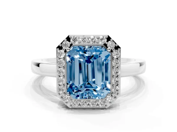 Fancy Blue Radiant Cut Halo Diamond Ring with Solitaire Band and Prong Setting Platinum