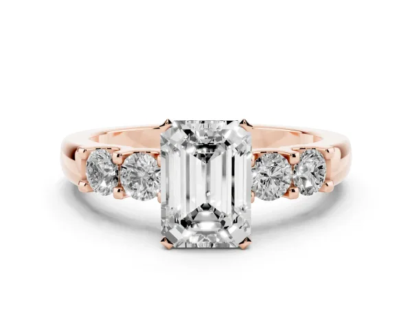 Emerald Cut Brilliant Cut Diamond Five-Stone Prong Set Engagement Ring with Channel Band Rose gold