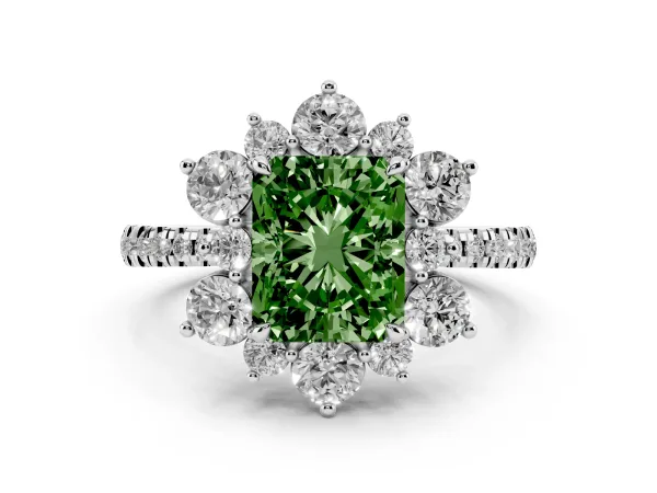 Fancy Green Radiant Cut Diamond Floral Halo Ring with Round Pavé Band and Prong Setting White gold