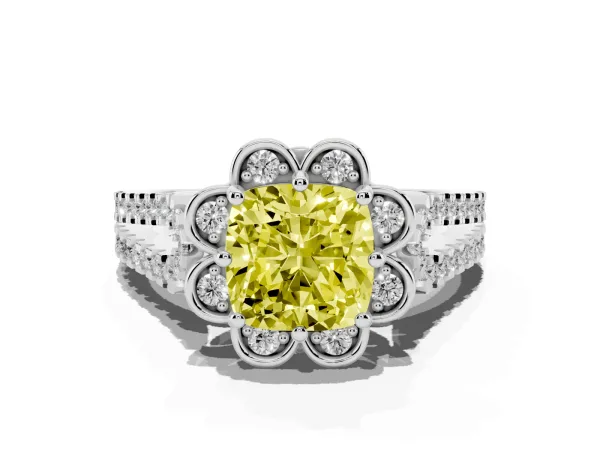 Fancy Yellow Cushion Cut Halo Diamond Floral Split Shank Engagement Ring Platinum