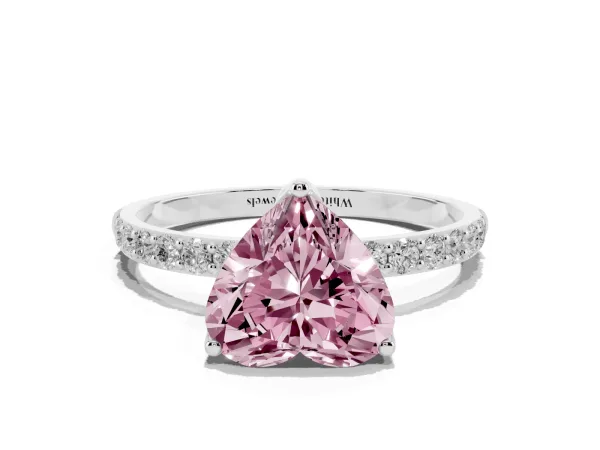 Fancy Pink Heart Cut Diamond Solitaire Engagement Ring with Round Pavé Band and Prong Setting White gold