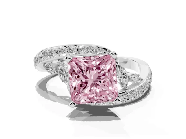 Fancy Pink Princess Cut Solitaire with Pavé Twist Band and Four-Prong Setting White gold