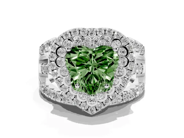 Fancy Green Heart Cut Diamond Double Halo Ring with Round Pavé Split Shank and Prong Setting Platinum