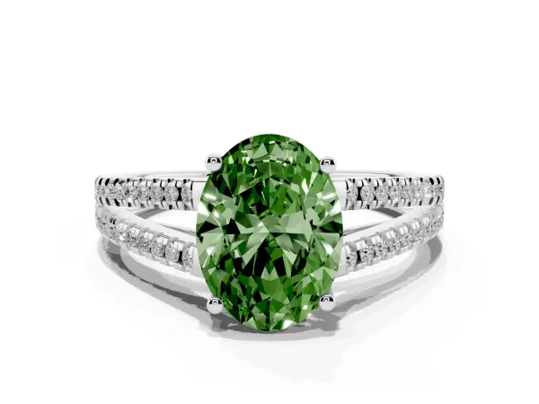 Fancy Green Oval Cut Diamond Solitaire Engagement Ring with Split Shank Pavé Band Platinum